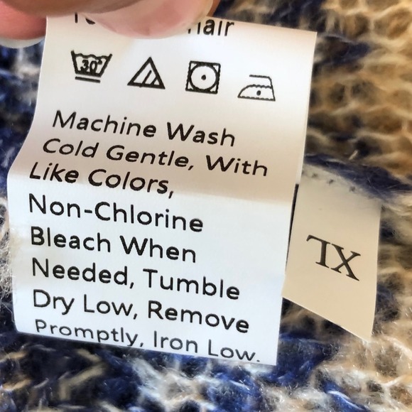 Mohair Knit Sweater XL Blue Beige Diamond Pattern Pullover Cozy Warm - Picture 4 of 14